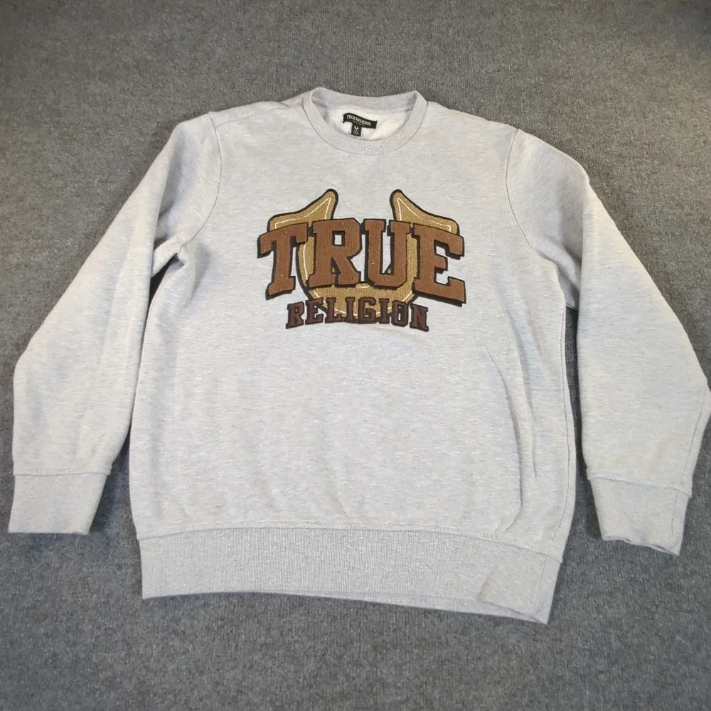 True Religion Mens Gray Chenille‎ Logo Horseshoe Crewneck Sweatshirt Large #2667